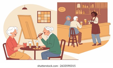 Senior friends doing fun local activities, like going to restaurants, pubs, or taking classes