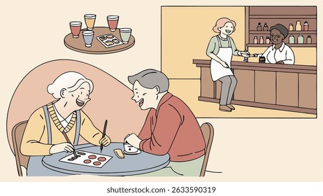 Senior friends doing fun local activities, like going to restaurants, pubs, or taking classes