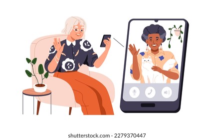 Senior friends during online video call. Old women talking via internet. Virtual videoconference, mobile phone chat of modern elderly people. Flat vector illustration isolated on white background