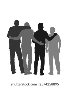 Senior friends hugging together to make a photo picture vector silhouette illustration isolated on white background. Sport fan crew watching soccer game. Man with companions togetherness hug back view