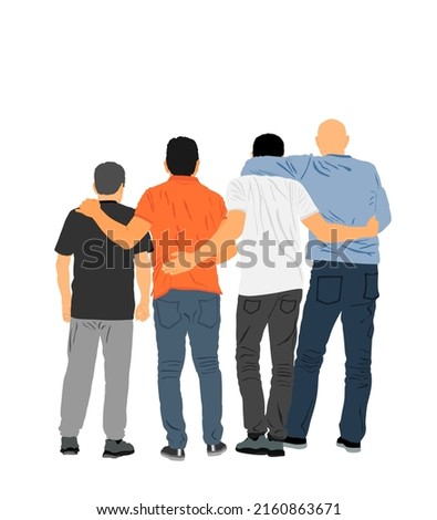 Senior friends hugging together to make a photo picture vector illustration isolated on white background. Sport fan crew watching soccer game. Man with companions togetherness hug back view.