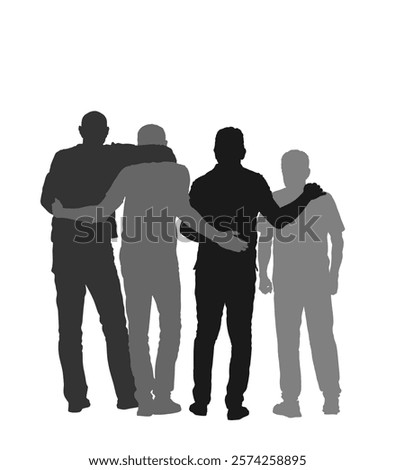 Senior friends hugging together to make a photo picture vector silhouette illustration isolated on white background. Sport fan crew watching soccer game. Man with companions togetherness hug back view