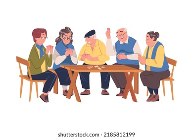 Senior Friends Playing Cards Game Sitting on Chair at Table Vector Illustration