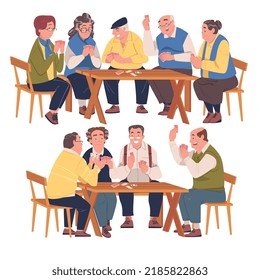 Senior Friends Playing Cards Game Sitting on Chair at Table Vector Set