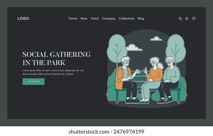 Senior friends socializing outdoors. Elderly people enjoying a conversation on a park bench. Serene public space interaction. Vector illustration.