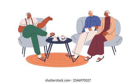 Senior friends talking, relaxing at home. Happy old people drinking tea, speaking, resting on sofa in living room. Elderly men, woman. Flat graphic vector illustration isolated on white background