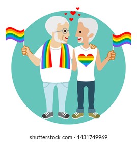 Senior gay couple holding rainbow flags - LGBT parade concept image clipart