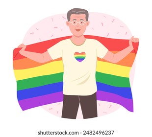 Senior Gay Man Holding the LGBT Rainbow Flag for Gay Pride Concept Illustration