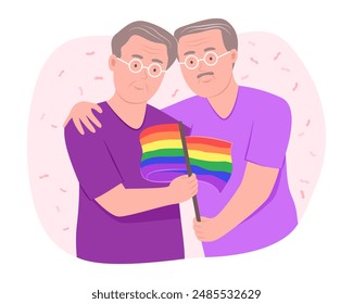 Senior Gay Men Couple Holding the LGBT Rainbow Flag for Gay Pride Celebration Concept Illustration