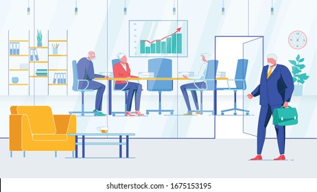 Senior Gentleman, Chief Executive Officer, Wearing Expensive Blue Business Suit Entering Conference Room In Trendy Glass Office. Three Negotiators At Table Studying Financial Graphs On Flipchart.