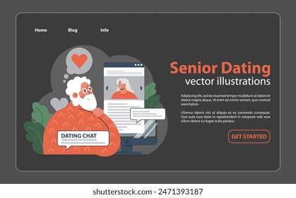 Senior gentleman engages in online dating, visualizing potential match on screen, evoking feelings of hope and connection in the digital age. Flat vector illustration