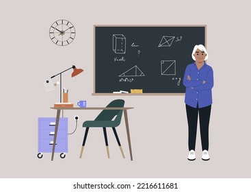 A senior Geometry teacher standing next to a chalkboard with arms crossed