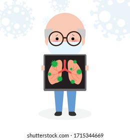 Senior gets with the coronavirus or COVID‑19 Old Man holds x-ray of lungs. Old people quarantine Prevent infection spreading isolated on white background vector illustration