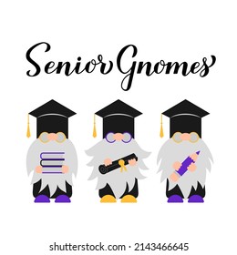 Los gnomos mayores llevan sombrero. Afiche de tipografía de graduación. Plantilla vectorial para tarjeta de saludo de banner, etiqueta, camiseta, etc. 