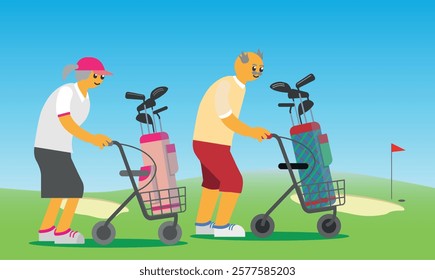 Senior golf players man and woman with  golf bags loaded on their walker rollators. Active old generation.