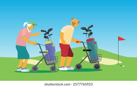 Senior golf players man and woman with golf bags loaded on the walker rollators. Active old generation.