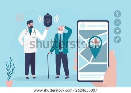 Senior GPS tracker, beneficial tool for keeping an eye on aging loved whereabouts. Doctor give tracker for elderly man, relative controlling grandfather on mobile phone app. flat vector illustration