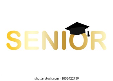 Senior graduate cap in cartoon style. Gold texture template. Vector illustration isolated. Stock image.