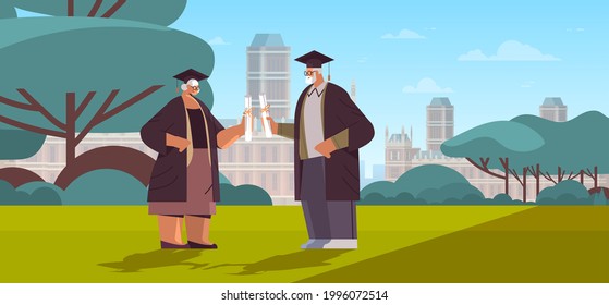 senior graduated students aged man woman graduates celebrating academic diploma degree education