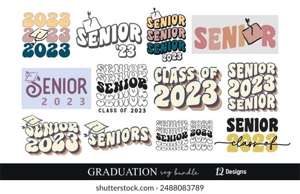 Senior Graduation 70's Designs Collection Set retro wavy typographic art bundle on white background