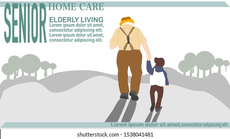 Senior grandfather walking with nephew on the park in Nursing home living, home care elderly,  for banner, infographic, design for ui, ux, website or publisher, flat vector, easy to adjust.