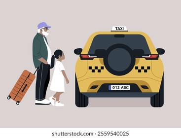 A senior grandfather and a young girl, both with luggage, prepare to board a taxi outside an airport, ready to embark on their adventure, The atmosphere is filled with excitement