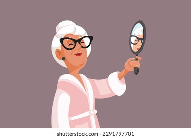 
La anciana abuela se ve encantadora comprobándose en la ilustración del vector espejo. Mujer con actitud de aceptación pro-envejecimiento revisando su reflexión
