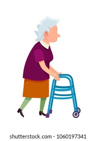 Senior grandmother moving with help of front-wheeled walker isolated vector illustration on white. Metal tool designed to assist walking