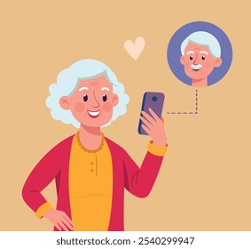 A avó sênior usa o telefone celular, chamada de vídeo com o avô. Namoro de pessoa idosa masculino e feminino chamada on-line. Conversa sorridente no celular. Ilustração gráfica de conceito de vetor plano