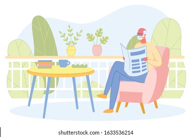 Senior Grandpa, White Haired Man Sitting in Comfortable Armchair near Table with Books and Tea Cup Reading Newspaper on Outdoors Terrace or Balcony ar Sunny Summer Day Cartoon Flat Vector Illustration