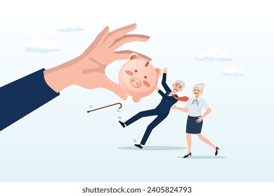 Senior grandparent couple pull back their piggy bank money from thief hand, protect retirement pension money from fraud, Ponzi scheme or cost and tax that impact retiree investment fund (Vector)