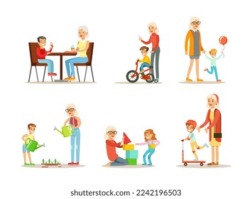 Senior Granny Spending Time with Grandchildren Eating Ice Cream, Riding Bicycle, Walking, Gardening, Riding Scooter and Playing Toy Blocks Vector Set