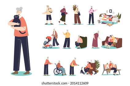 Senior gray hair cartoon female character lifestyle set: older grandma mature woman walking, doing hobby, at home or with grandkids. Flat vector illustration