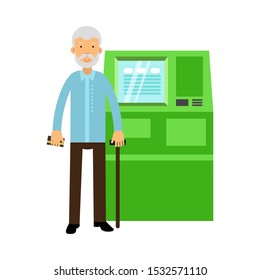 Senior Gray-haired Man Character With Cane Standing Near ATM Vector Illustration