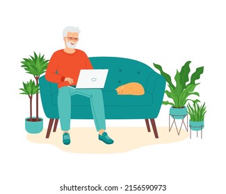 Senior gray-haired man sitting with laptop on a sofa. Concept of worked elderly, retirees of using modern technologies. Remote work from home, training, e-learning. Isolated flat vector illustration