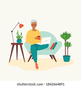 Senior gray-haired woman sitting with a laptop in a chair. Concept of using modern technologies by the elderly, retirees. Remote work from home, retraining, e-learning. Isolated vector illustration