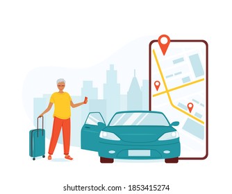 Senior gray-haired woman stands with a suitcase and uses a car-sharing app on her smartphone. Concept of fast online taxi search, car rental in the city and for travel. Isolated vector illustration