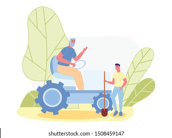 Senior Grey Haired and Bearded Man, Running Tractor. Grandson, Holding Shovel, Helping Grandpa with Farm Work. Teenage Boy, Spending Summer with His Beloved Grandfather, Living in Country.