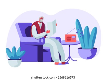 Senior Grey Haired Man in Glasses Sitting in Armchair Reading Newspaper and Listening Music on Radio. Aged Male Character Sparetime, Leisure and Hobby in Nursing Home. Cartoon Flat Vector Illustration