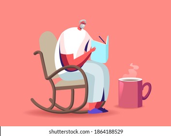 Senior Grey Haired Man in Glasses Sitting in Rolling Chair Drinking Tea and Solving Crossword Aged Male Character Erudition, Sparetime, Leisure and Hobby in Nursing Home. Cartoon Vector Illustration