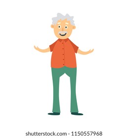Senior grey-haired man in casual clothing standing with cane in thoughtful spreading hands with smile at face Vector illustration, full lenght portrait