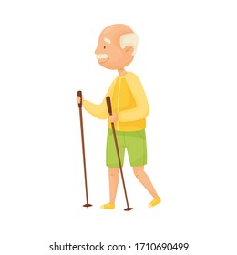 Senior Grey-haired Man with Mustache Nordic Walking Vector Illustration