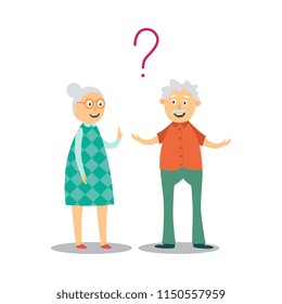 Senior grey-haired man spreading hands woman in dress in thoughtful pose coming up with idea pointing by index finger with smile at face, question above head communicating Vector illustration