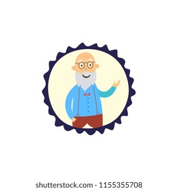 Senior grey-haired man wearing bow-tie, glasses standing in thoughtful pose coming up with idea pointing by opened palm with smile at face Vector flat illustration, portrait in circle frame