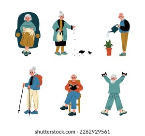 Senior Grey-haired Man and Woman Engaged in Different Activity Vector Set
