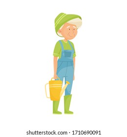 Senior Grey-haired Woman Holding Watering Can Doing Gardening Vector Illustration