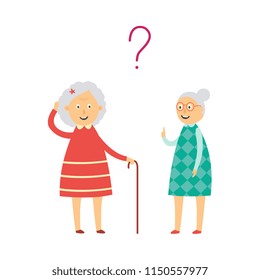 Senior Grey-haired Woman In Red Dress Standing With Cane, Old Female Character In Green In Thoughtful Pose Scratching Head With Smile At Face Communicating With Question Above Head Vector Illustration