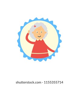 Senior grey-haired woman in red dress standing in thoughtful pose scratching head with smile at face Vector illustration, flat portrait in circle frame