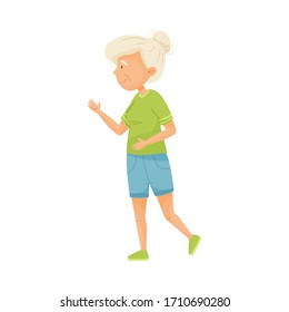Senior Grey-haired Woman in Sportswear Walking Along the Street Vector Illustration