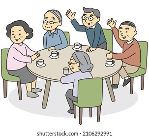 A senior group having a tea party calls out